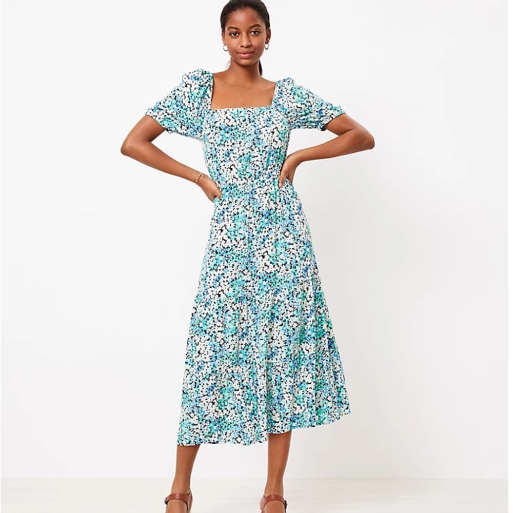 LOFT Floral Square Neck Midi Dress - Size Petite Medium